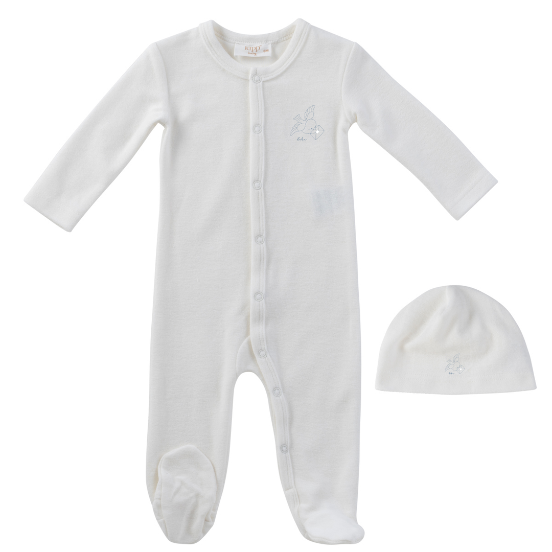 Kipp Baby Blue Flying Feathers Terry Footie + Hat