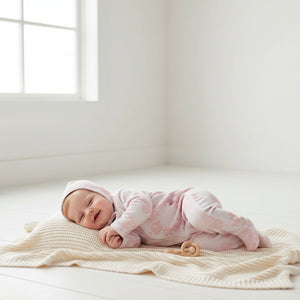 Baby pink Petit Toile footie with matching bonnet for newborns