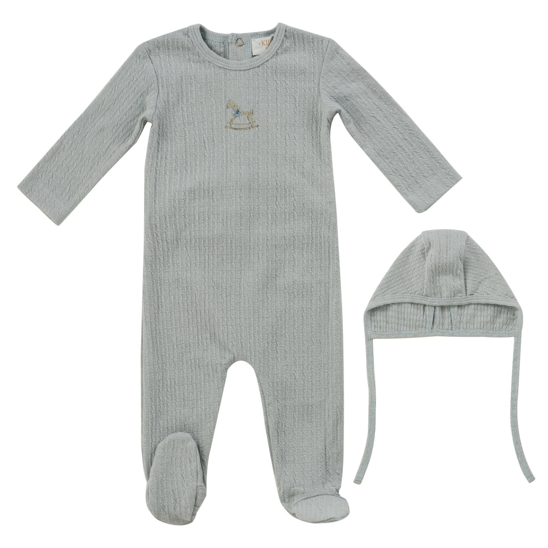 Kipp Baby Blue Rocking Horse Footie + Bonnet