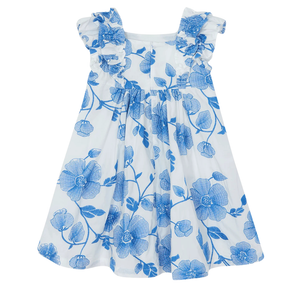 White dress with blue floral pattern on a white background