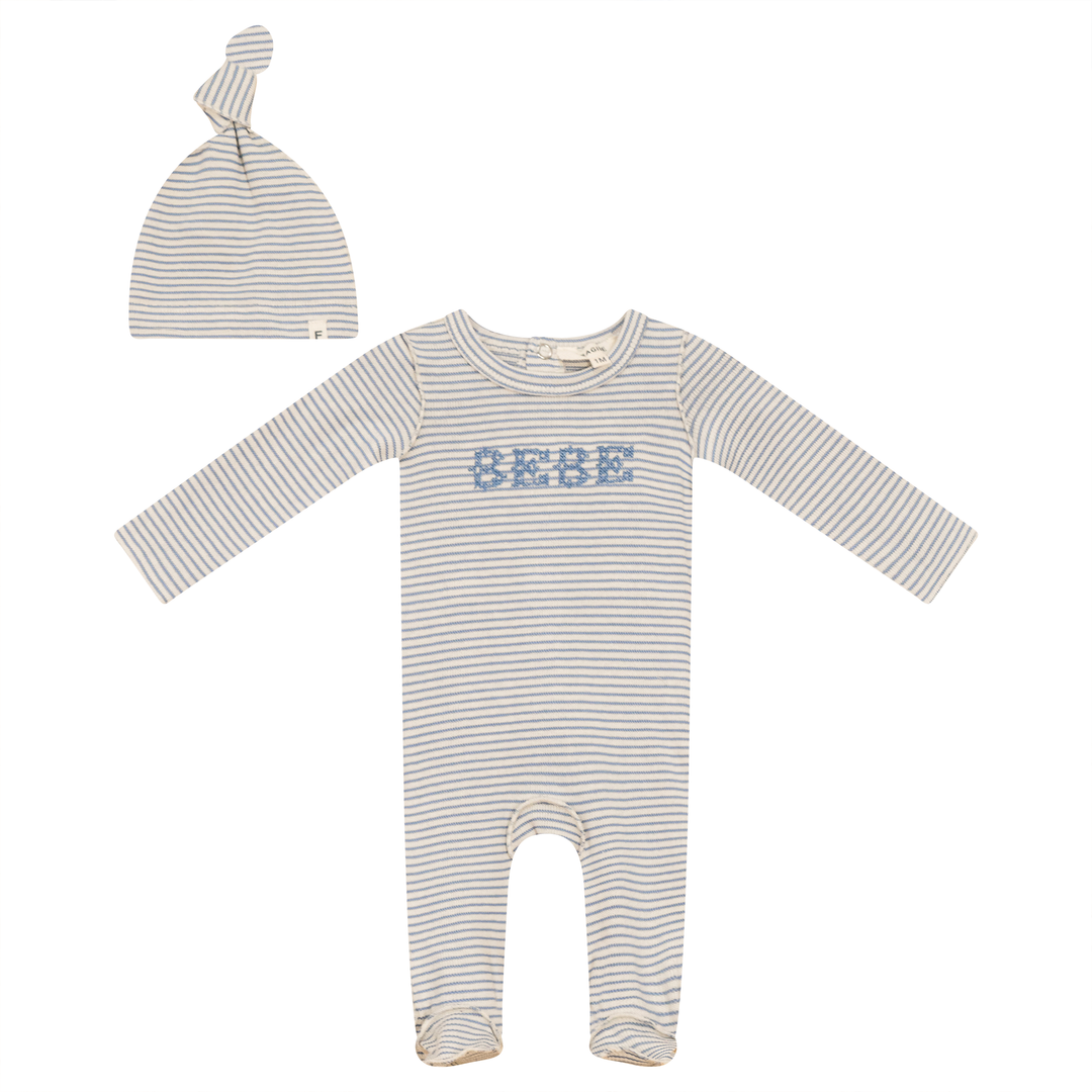 Fragile Blue Stripe Stretch Knit Footie + Hat