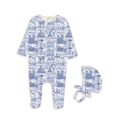 Bopop Toile Navy Footies and Beanie Set Soft Cotton Baby Outfit Classic Toile Print