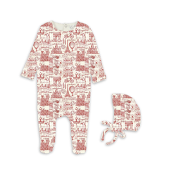 Bopop Toile Ruby Footies and Beanie Set Soft Cotton Baby Outfit Classic Toile Print