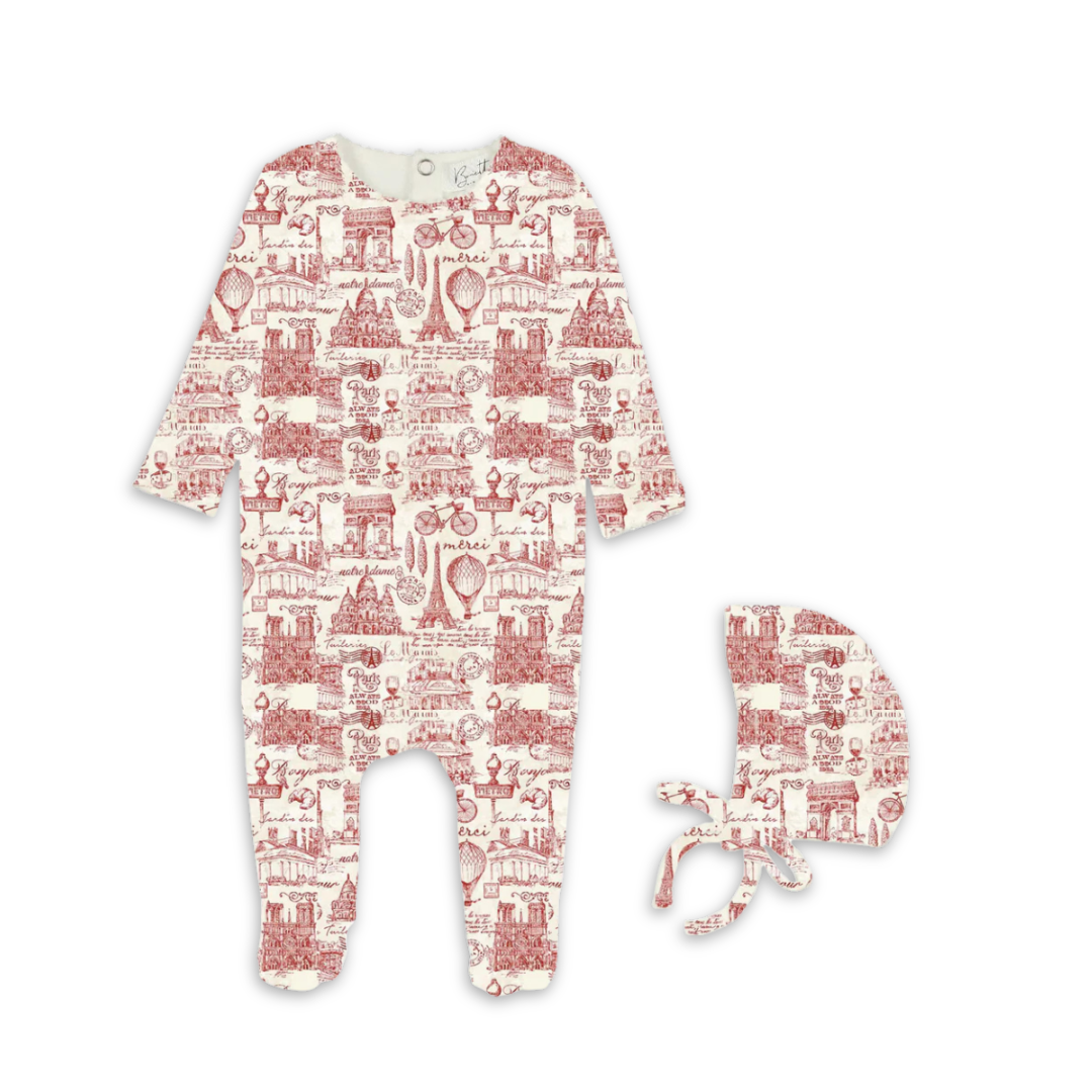 Bopop Toile Ruby Footies and Beanie Set Soft Cotton Baby Outfit Classic Toile Print