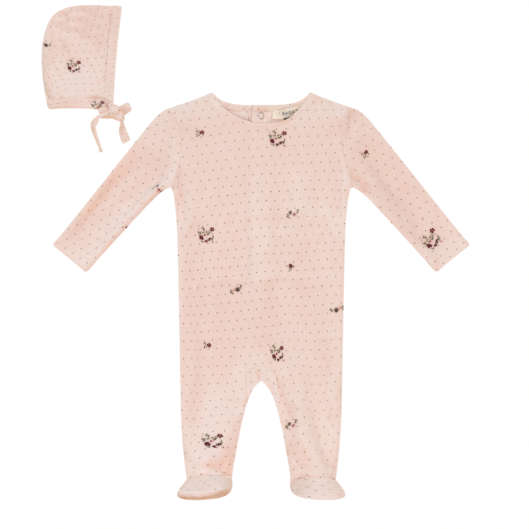Bebe Bella Soft Pink Velour Print Footie + Hat