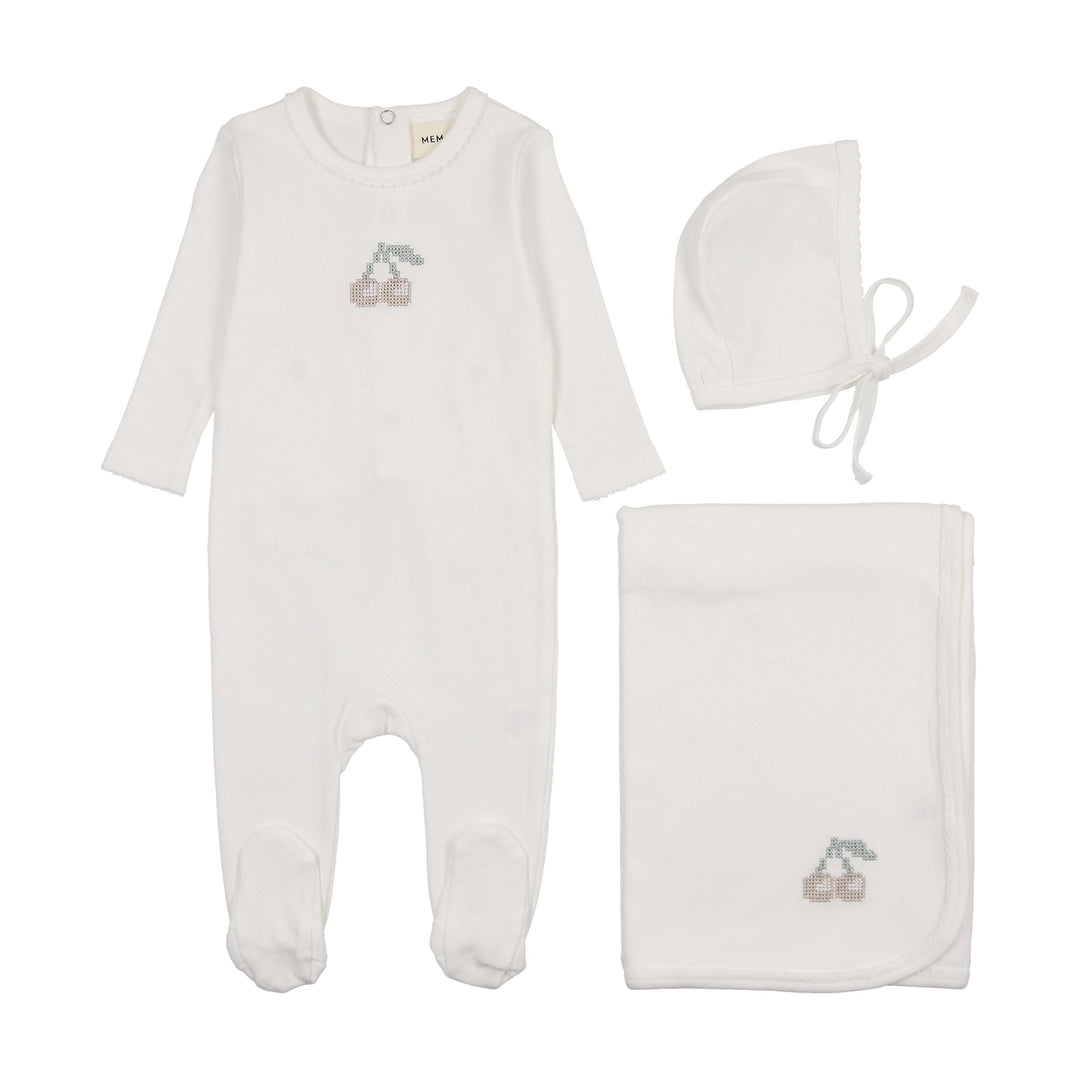Mema Knits Taupe Embroidered Cherry 3 Pc Layette Set