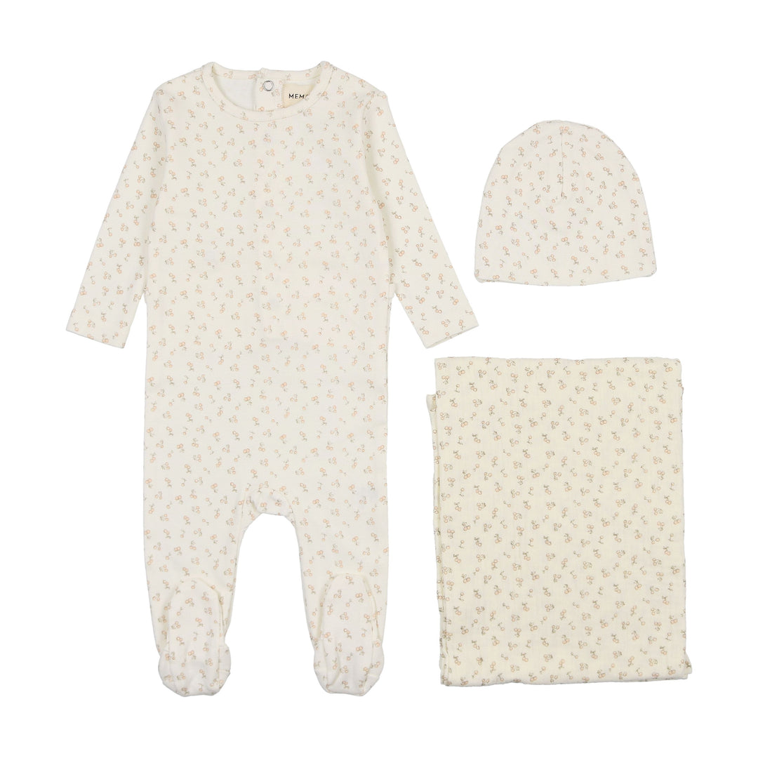 Mema Knits Pink Cherry Print 3 Pc Layette Set