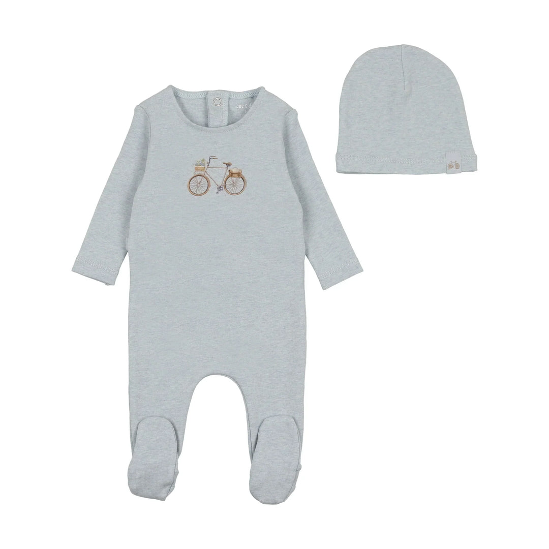 Bee & Dee Blue heather Bike Print Footie + Beanie set