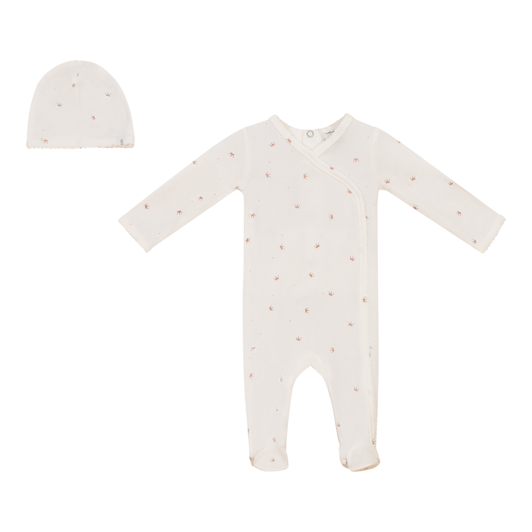 Little Fragile Powder/Rose Crown Print Footie Set