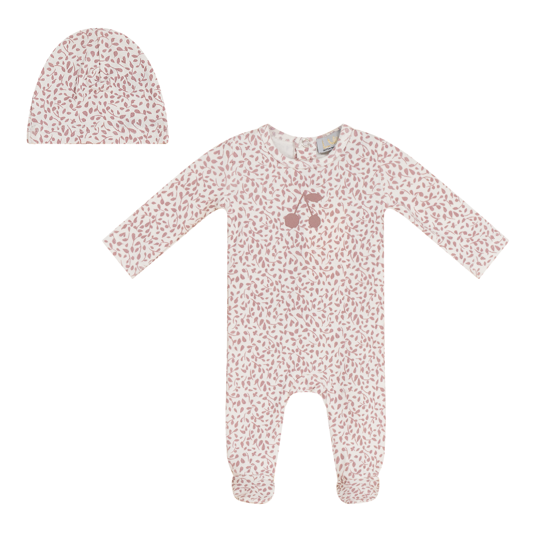 Lux Rose Cherry Print Footie + Hat