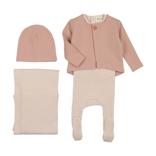 Mema Knits Pink Striped Footie with Cardigan 3 Pc Set