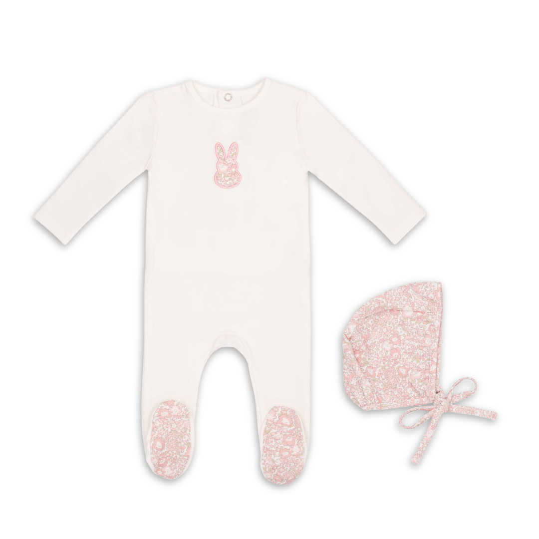 Mini Label White Liberty Bunny Footie and Hat Girls Soft Cotton Baby Outfit Bunny Print Design