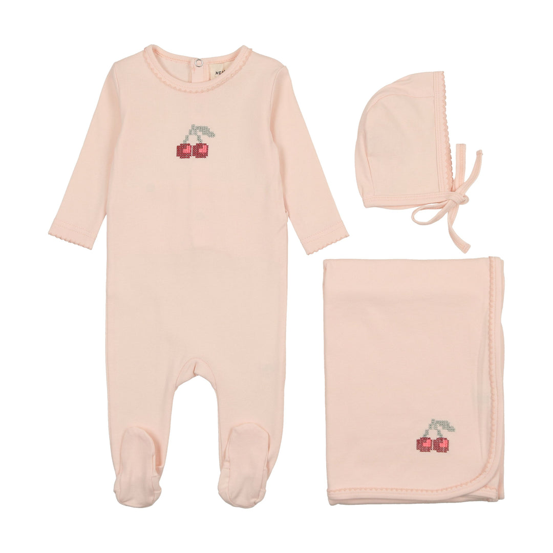 Mema Knits Soft Pink Embroidered Cherry 3 Pc Layette Set