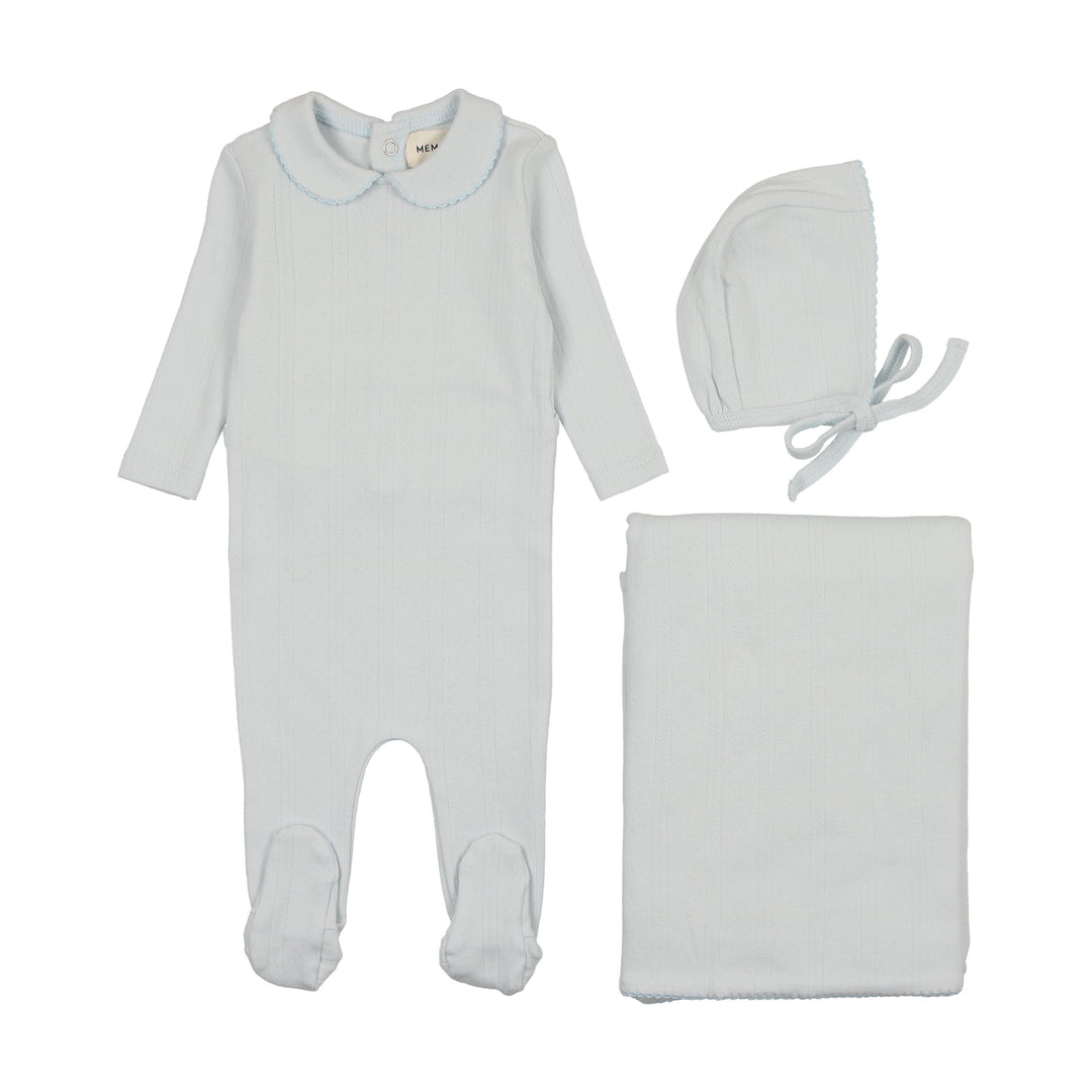 Mema Knits Light Blue Pointelle 3 Pc Layette Set