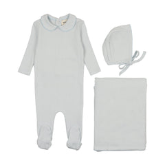 Mema Knits Light Blue Pointelle 3 Pc Layette Set