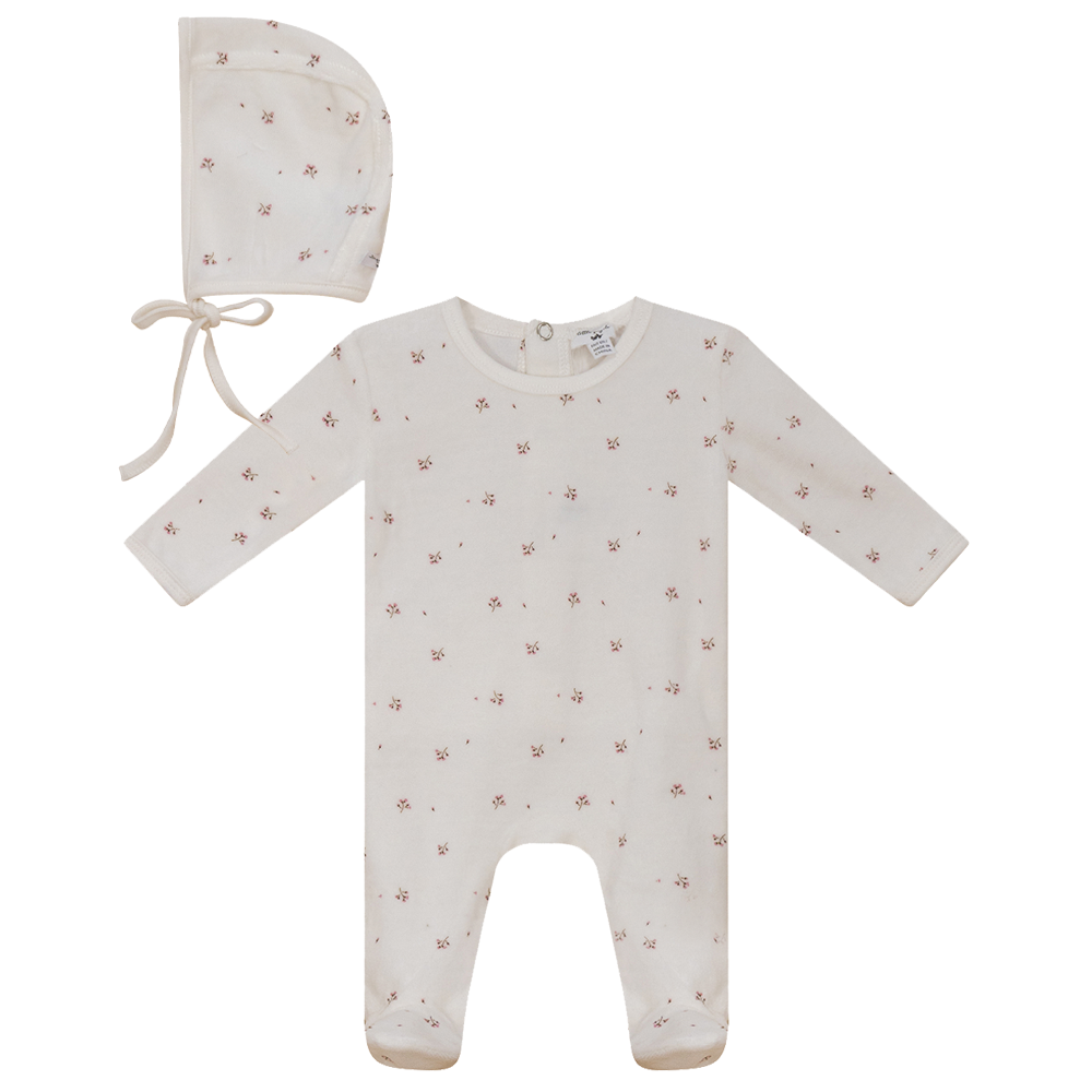 Fragile Baby Off White Velour Floral Footie + Bonnet