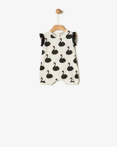 yell oh swan print ruffle romper