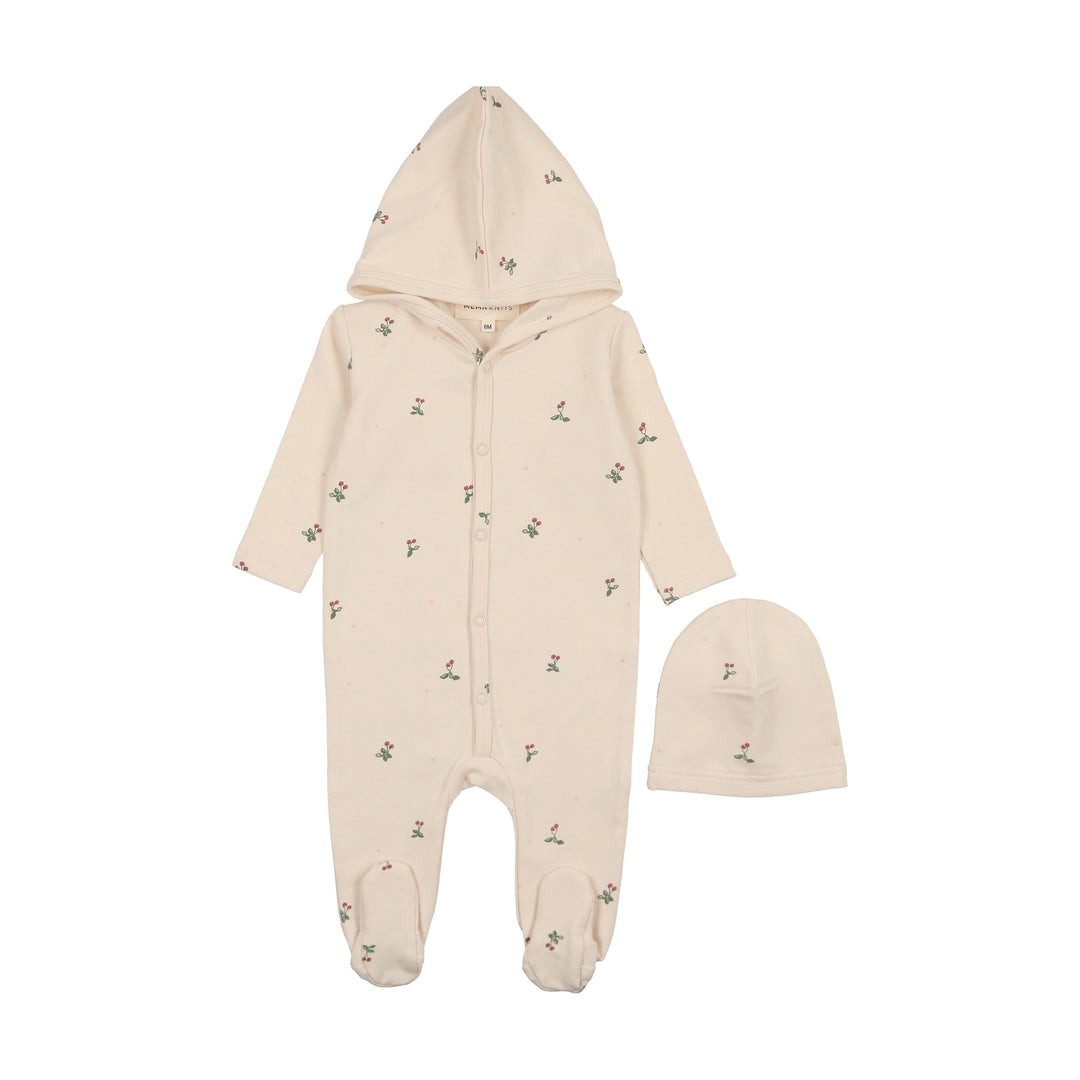 Mema Knits Cherry Print Hooded Footie + Beanie