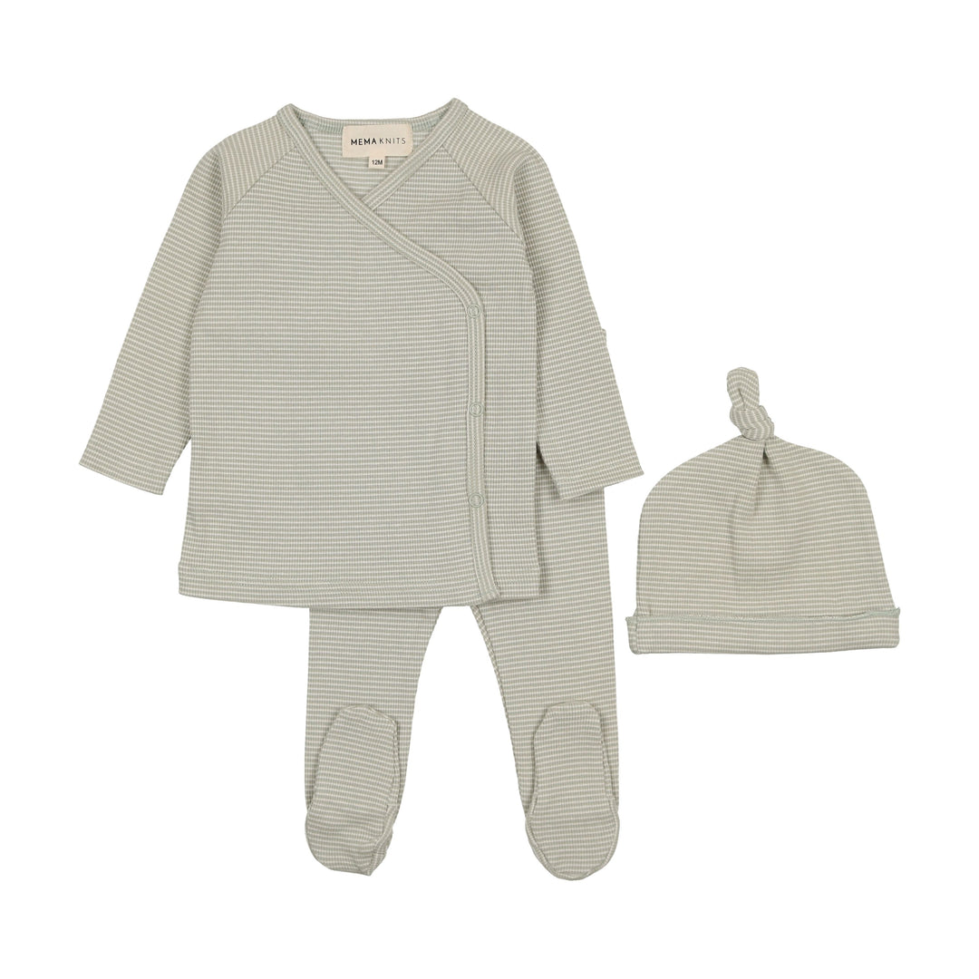 Mema Knits Mint Green Striped 2 Pc Wrap Set + Beanie
