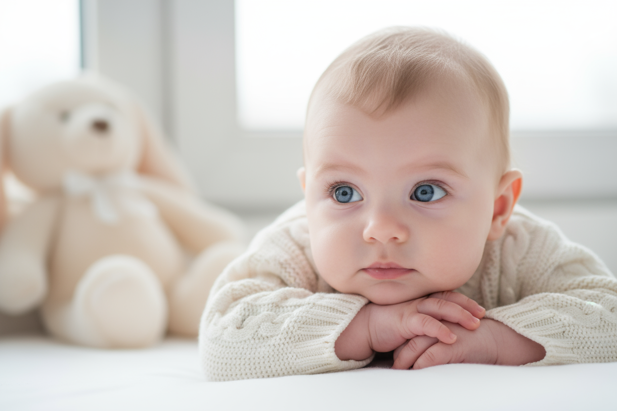 "A close-up, photorealistic portrait of an adorable baby with bright blue eyes, gently resting its head on its small hands, looking softly off-camera. In the background, partially visible, is a soft, plush cream-colored teddy bear or bunny. The scene is brightly lit with soft, natural light, creating a serene and elegant atmosphere. The baby is wearing a delicate knit sweater. Neutral color palette of whites, creams, and soft pastels. High-end baby photography style, clean background, shallow depth of field