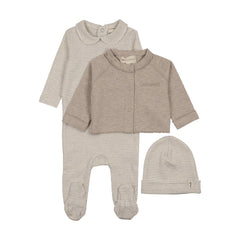 Mema Knits – Beige Striped Collared Footie, Cardigan & Beanie Set | Warm Beige