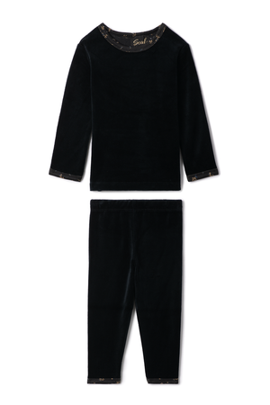 Black velvet pajama set with long-sleeve top and pants on a white background
