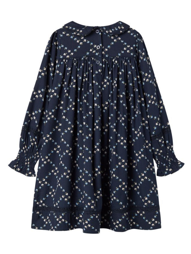Navy blue dress with white floral pattern on a white background