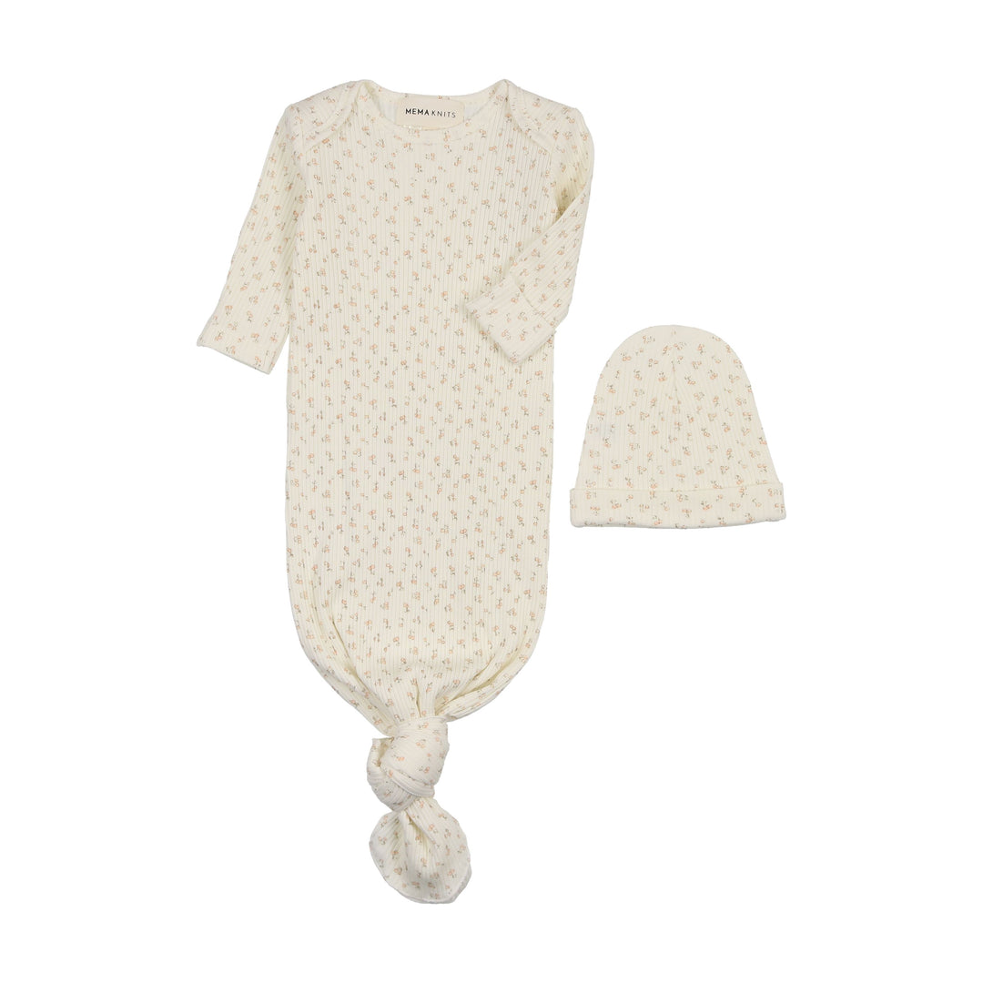 Mema Knits Pink Cherry Print Sleep Gown + Beanie