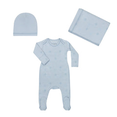 A front view of the Aime Child Aimé boys soft cotton footie sleepwear set.