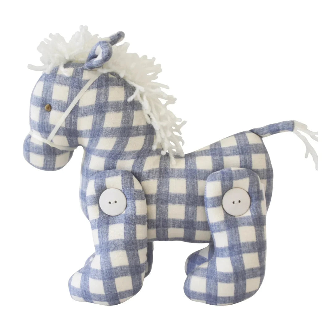The front profile of the Alimrose Jointed Pony featuring classic chambray check fabric.