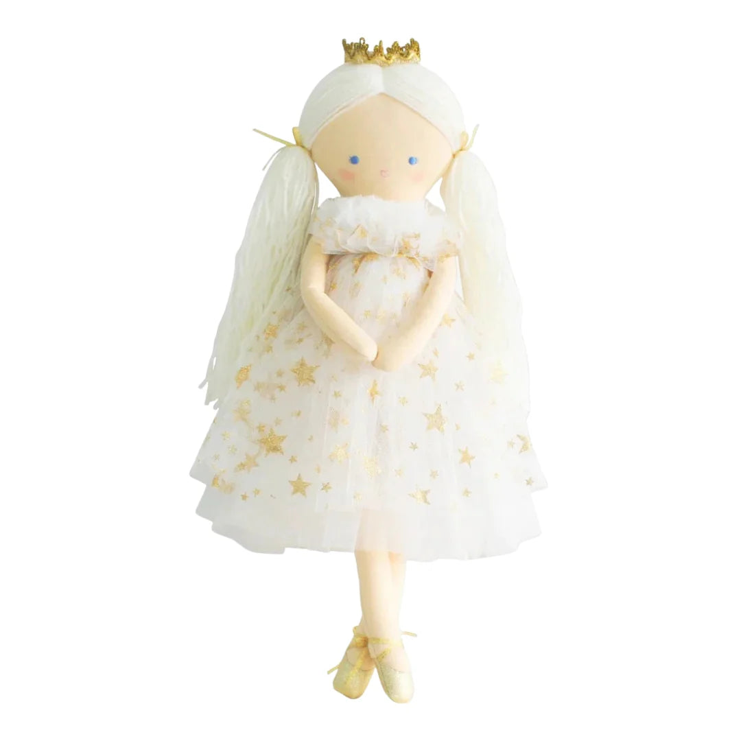 Plush doll with white dress and gold stars, wearing a crown on a white background