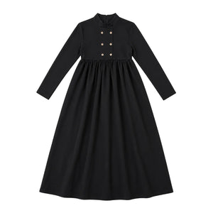 A front view of the Ann of Nan black double-breasted maxi children's robe coat.