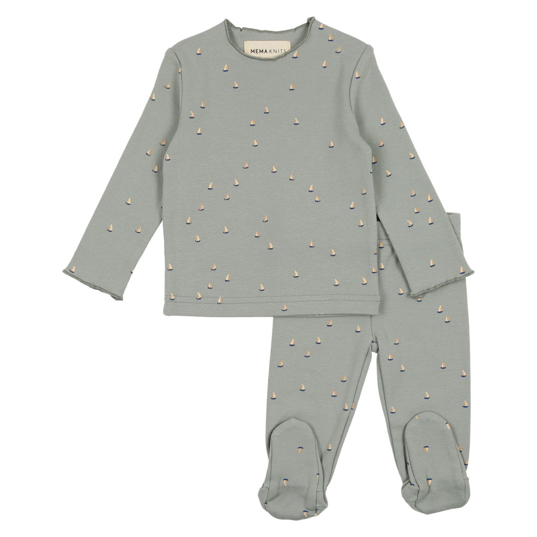 Mema Knits Blue Sailboat Long Sleeve 2 Pc Set