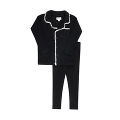 A front view of the Aurora black whipstitch pajama set for children.