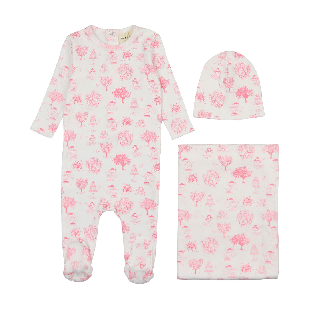Mema Knits Pink Toile 3 Pc Layette Set