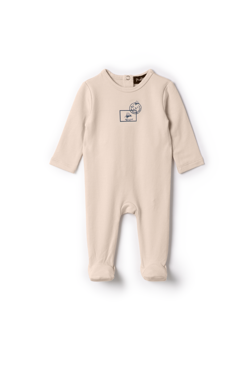 Puddles Dark Almond/Blue Stamp Print Footie