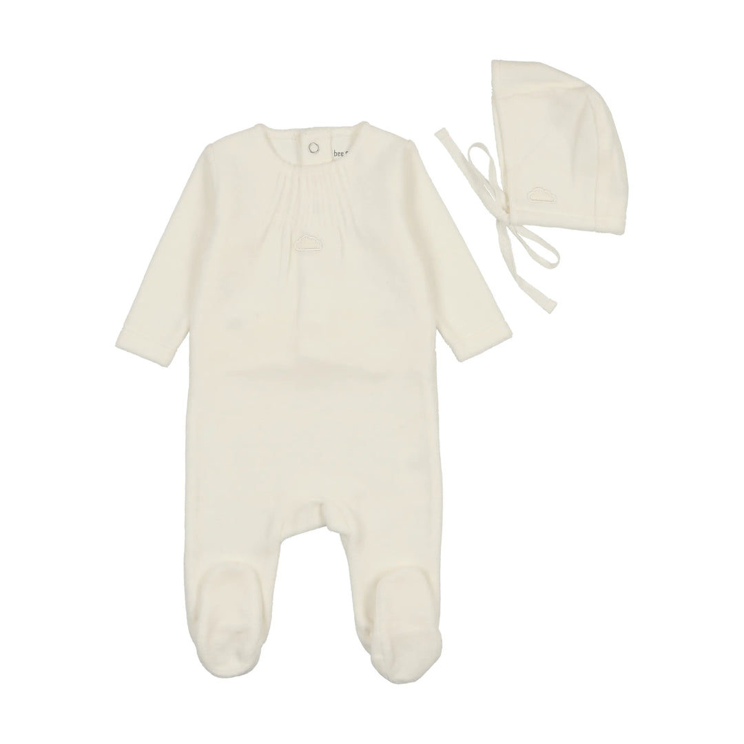 Bee & Dee Ivory Velour Pleated Footie + Bonnet