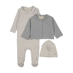 Mema Knits – Dove Blue Striped Collared Footie, Cardigan & Beanie Set | Dove Blue