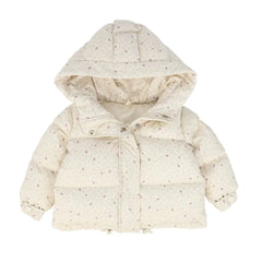 A front view of the Bebe Jolee floral baby puffer jacket.