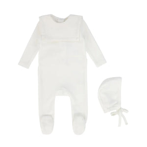A front view of the Bebe Jolee white velour footie with a bib collar for newborns.