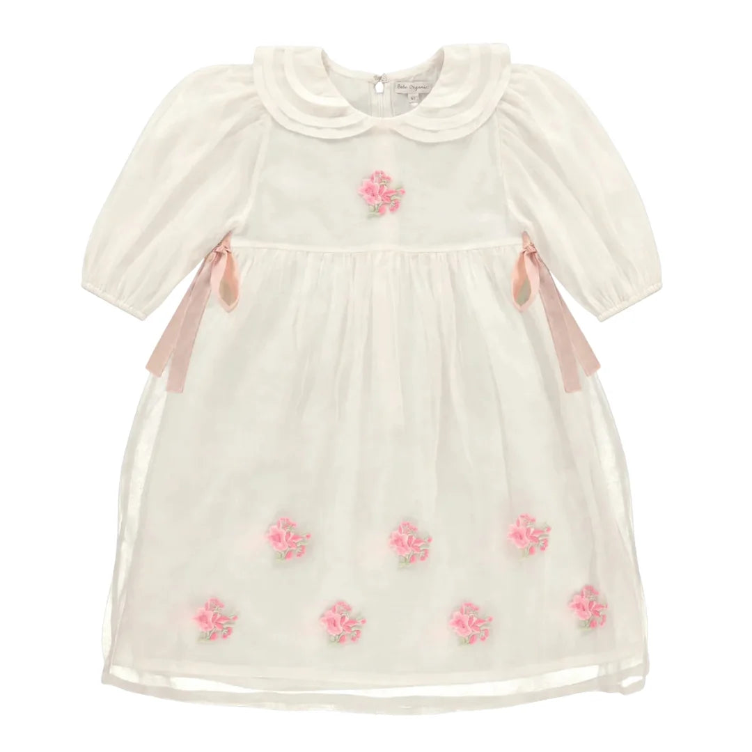A front view of the Bebe Organic Fairy dress in a soft rose color.