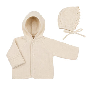 front view of the Bebe Organic natural chenille baby jacket and matching bonnet.