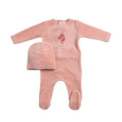 A front view of the elegant satin pink Bee & Dee au revoir footie and beanie set.