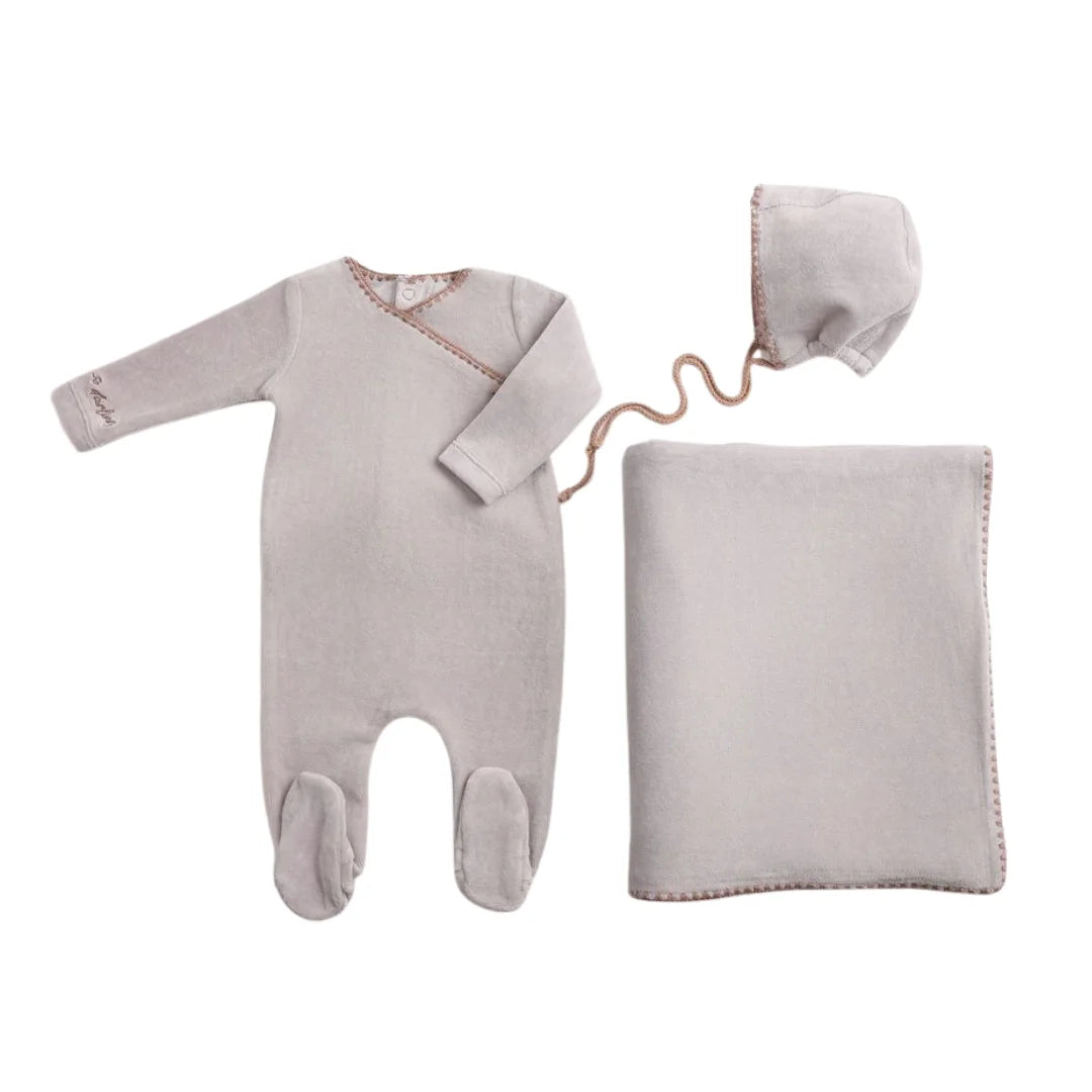 A front view of the luxurious dusty blue Bee & Dee velour footie and bonnet full set.