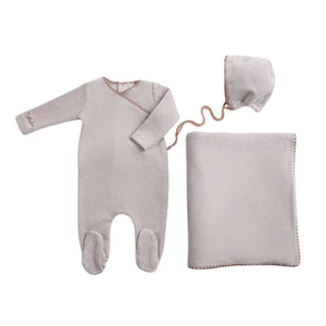 A front view of the luxurious dusty blue Bee & Dee velour footie and bonnet full set.
