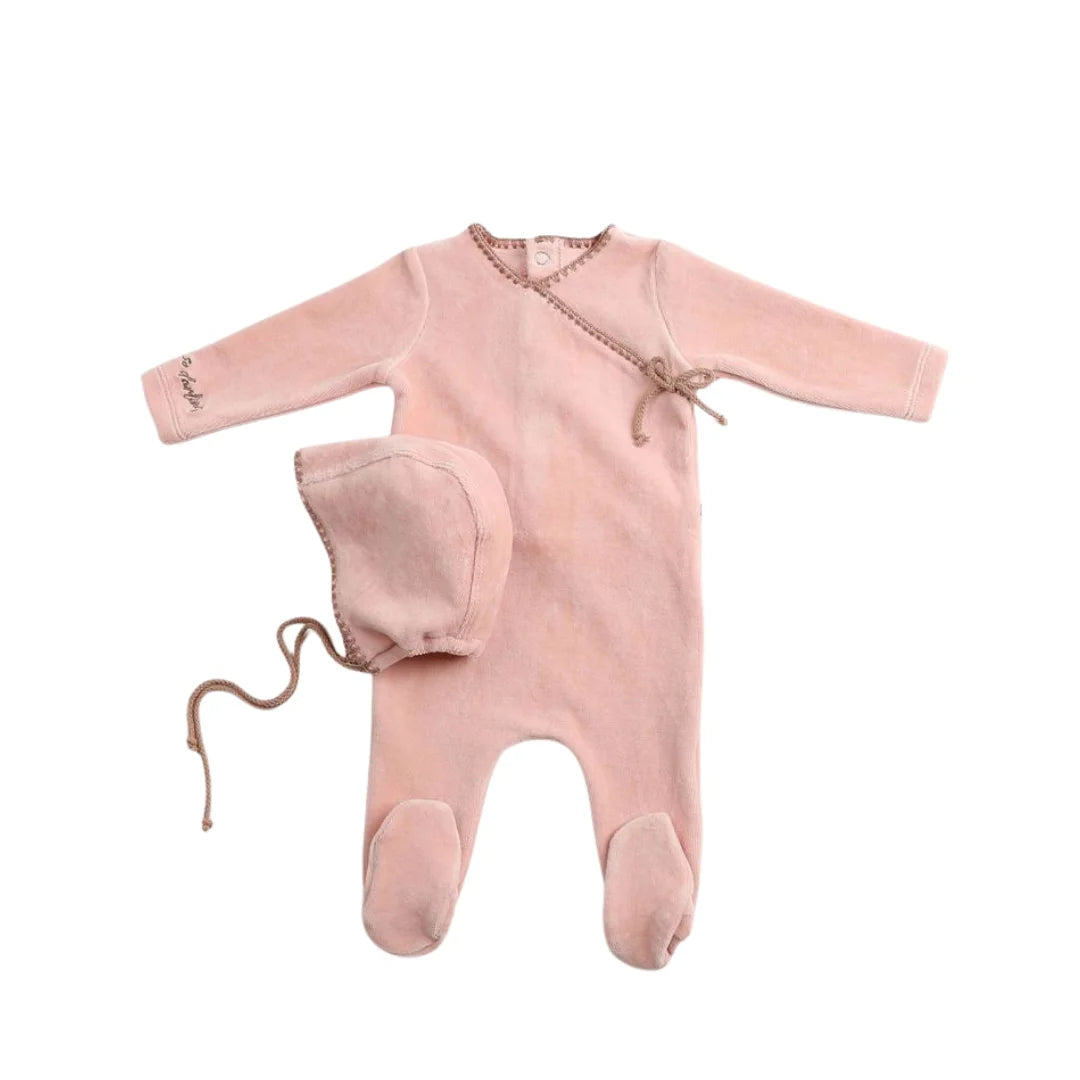 A front view of the luxurious rose Bee & Dee velour footie and bonnet set.