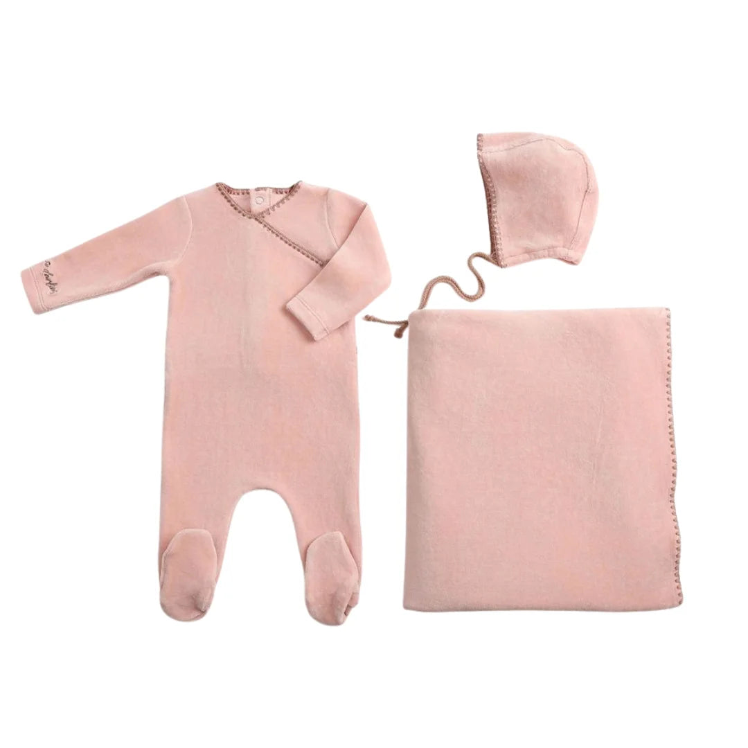 A front view of the luxurious rose Bee & Dee velour footie and bonnet full set.