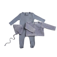 A front view of the elegant blue haze Bee & Dee wrap set.