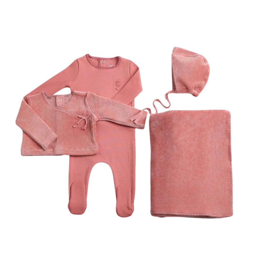 A front view of the elegant dusty pink Bee & Dee wrap full set.