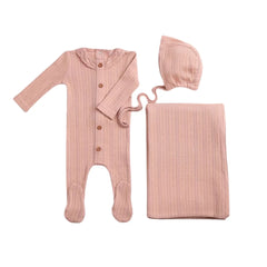 A front view of the elegant misty rose Bee & Dee crochet pointelle footie and bonnet set.